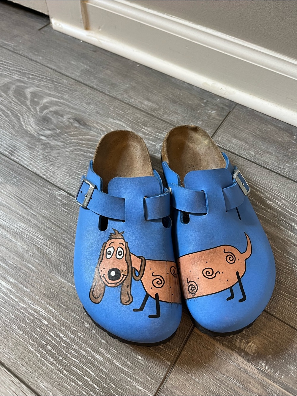 Birkenstock Kay Birko-Flor Clogs in the "Dog Blue" dachshund print W 7